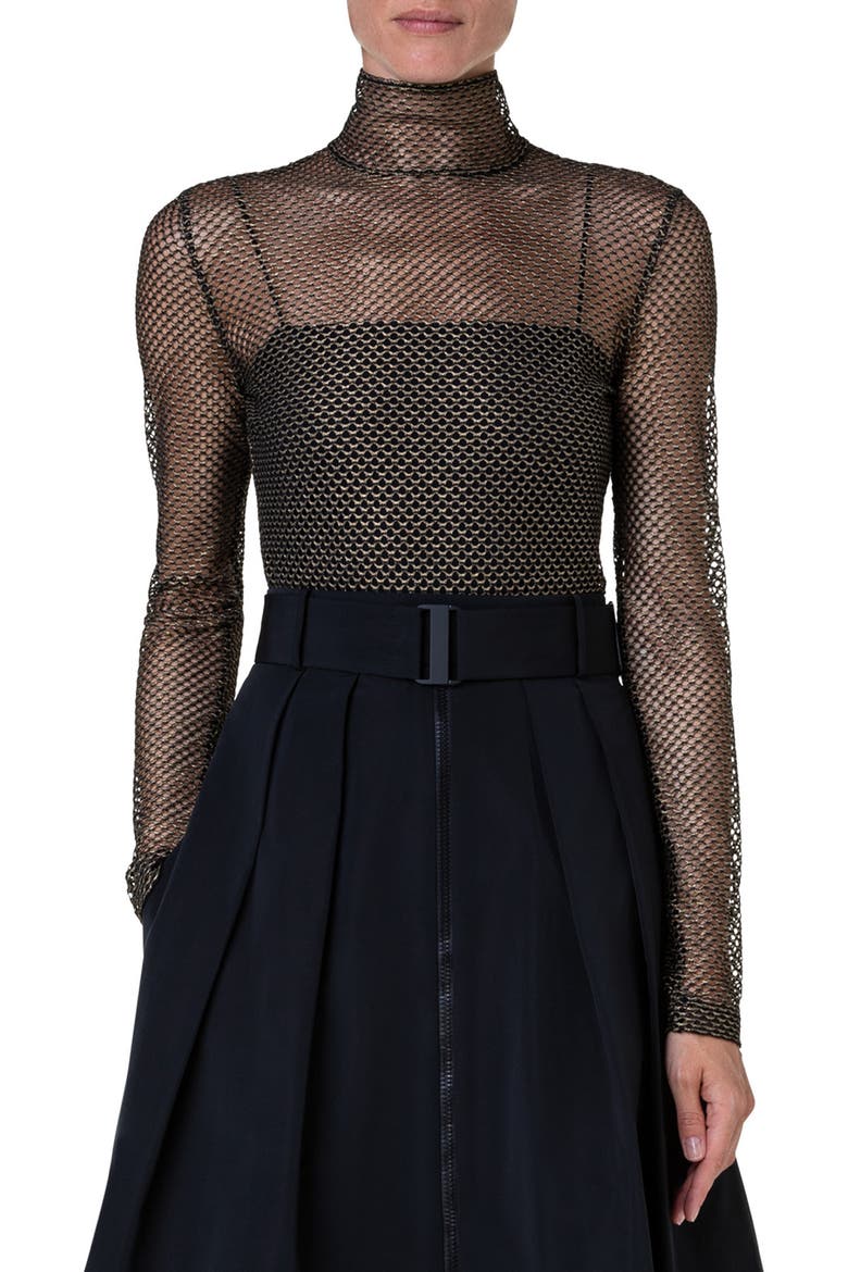 Metallic Stretch Mesh Turtleneck Top, Main, color, GOLD-BLACK
