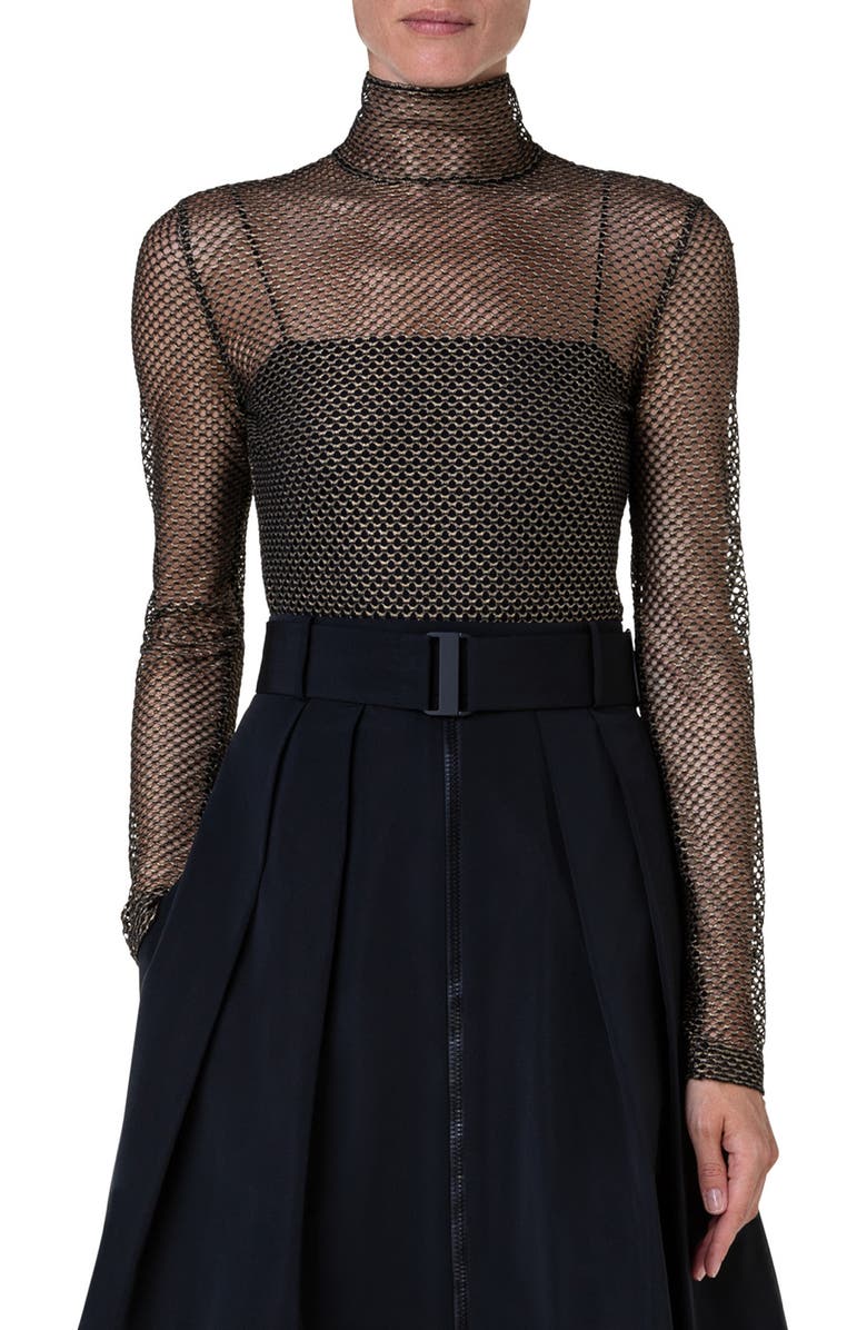 Akris punto Metallic Stretch Mesh Turtleneck Top, Main, color,