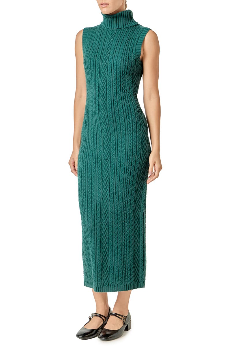 English Factory Sleeveless Turtleneck Cable Stitch Maxi Sweater Dress, Alternate, color, Dark Green