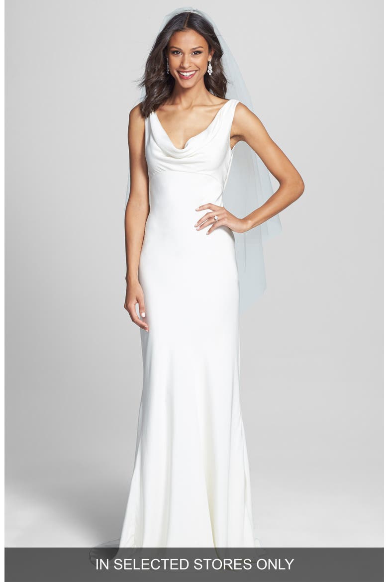 Draped Neck Silk Crepe Wedding Dress, Alternate, color, SILK WHITE