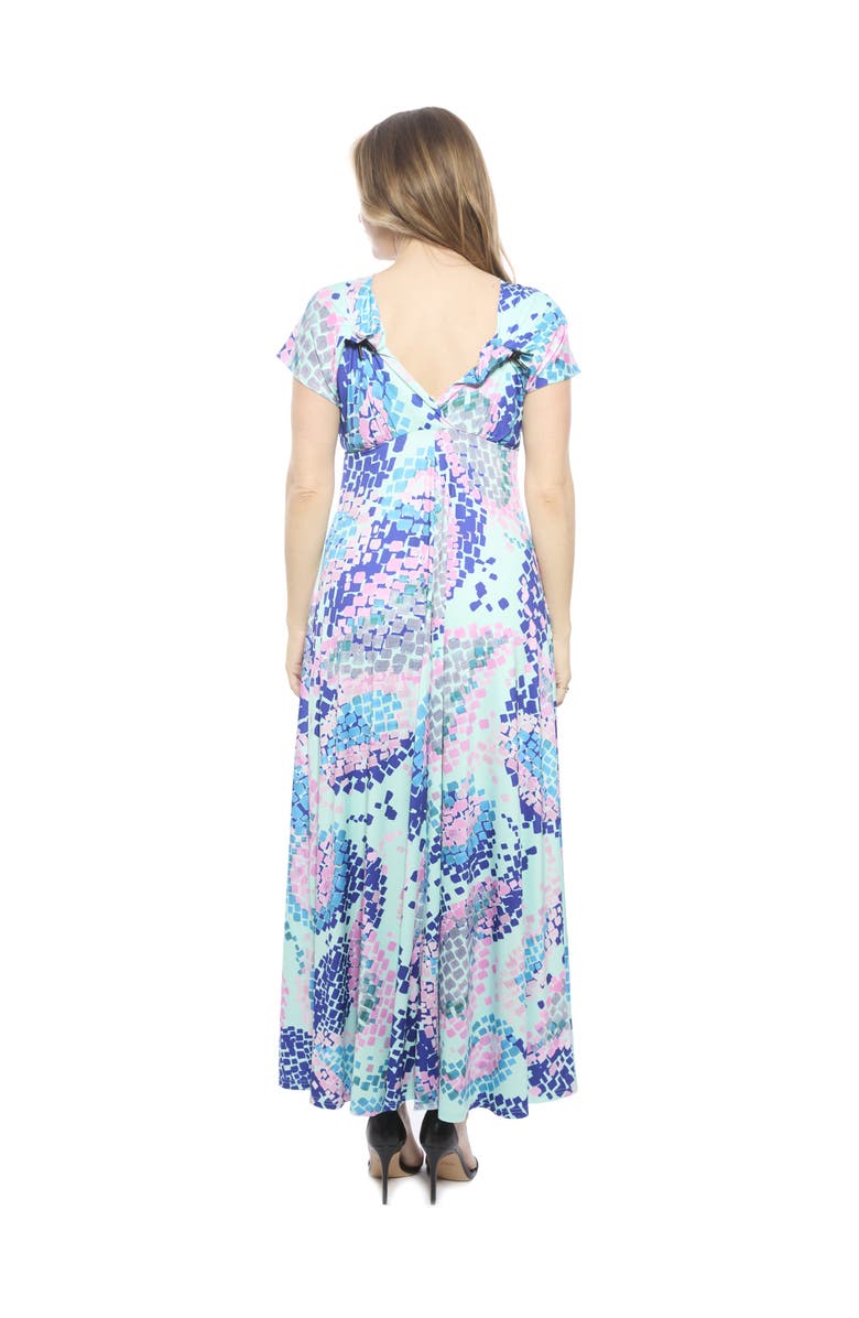 24seven Comfort Apparel Womens Essential V-Neck Empire Waist Cap Sleeve Maxi Dress, Alternate, color, Blue Multi