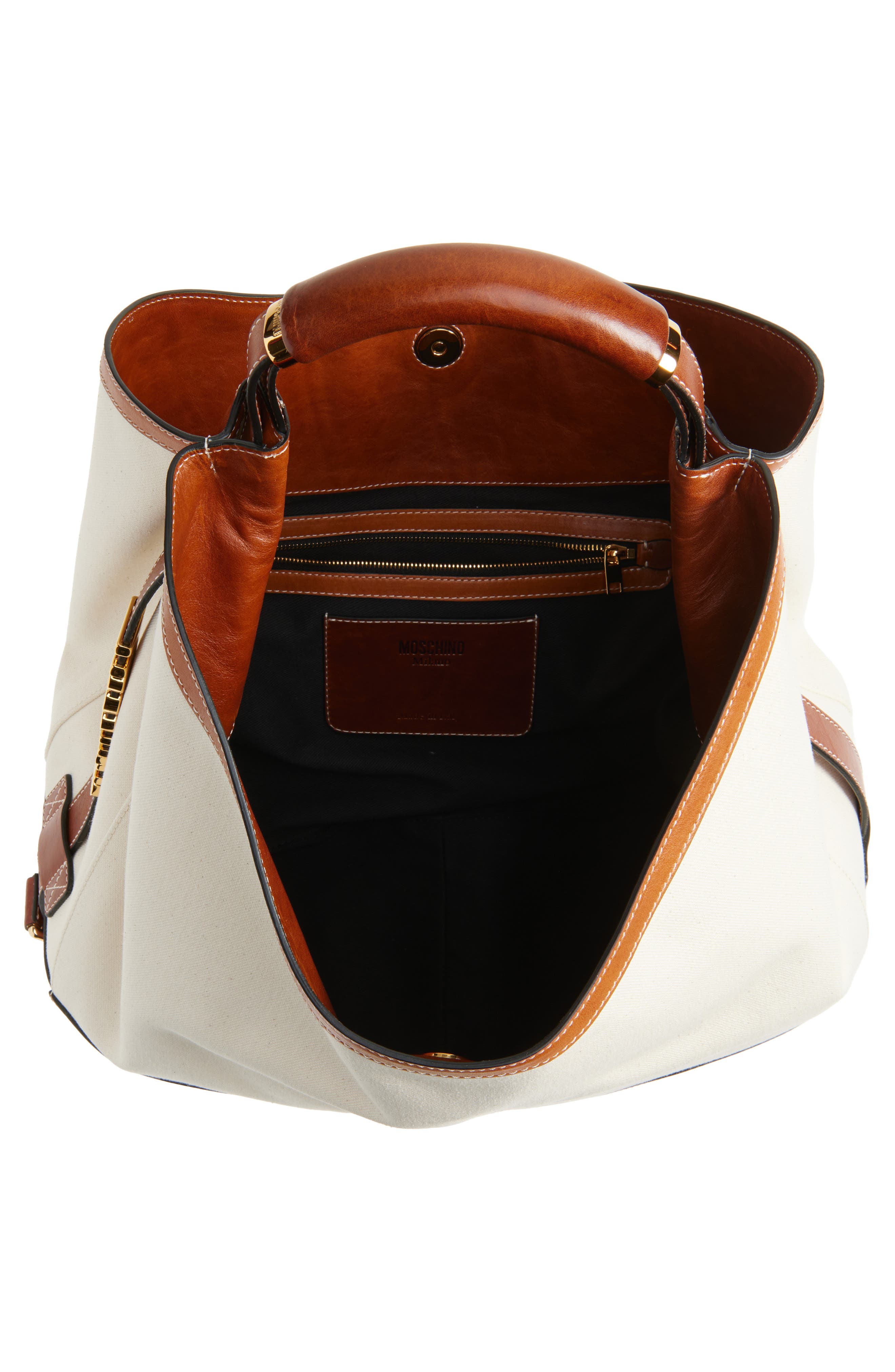 Moschino Handle Me Canvas & Leather Hobo Bag, Alternate, color, 10A Natural/ Hide