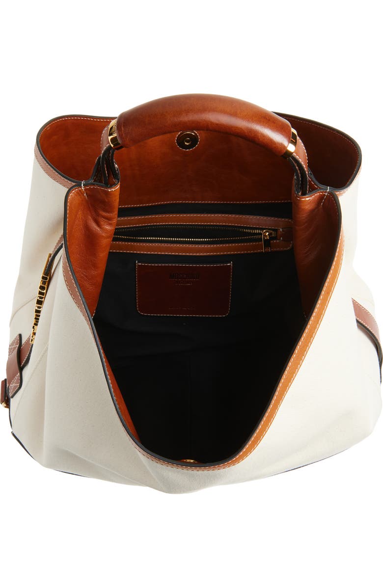 Moschino Handle Me Canvas & Leather Hobo Bag, Alternate, color, 10A Natural/ Hide