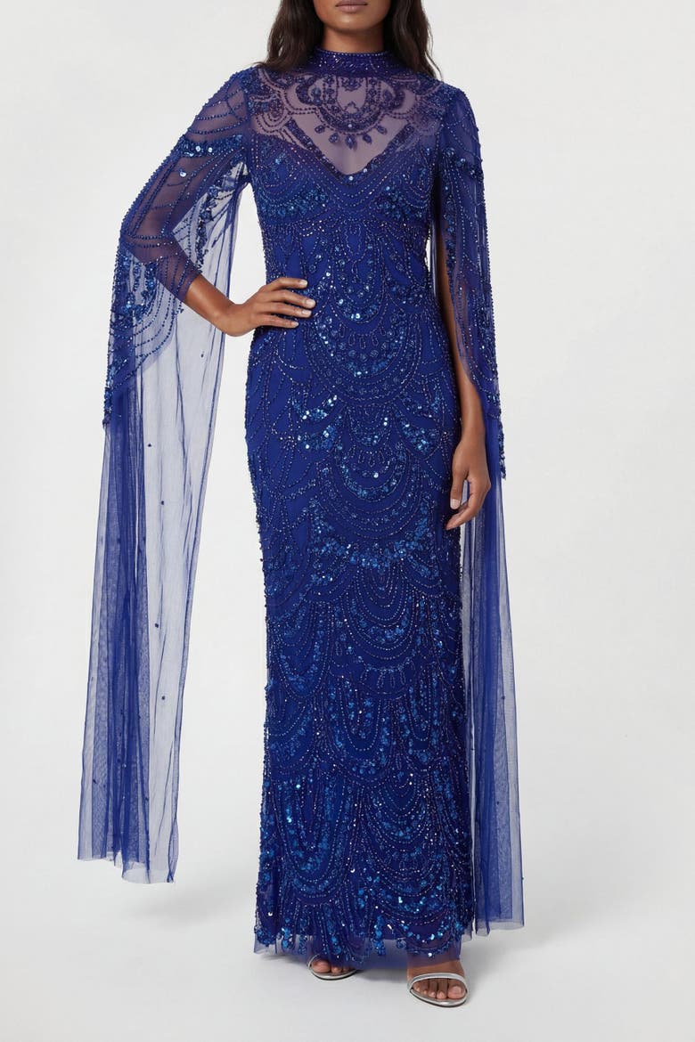 Beaded Midaxi Cape Dress, Alternate, color, Cobalt