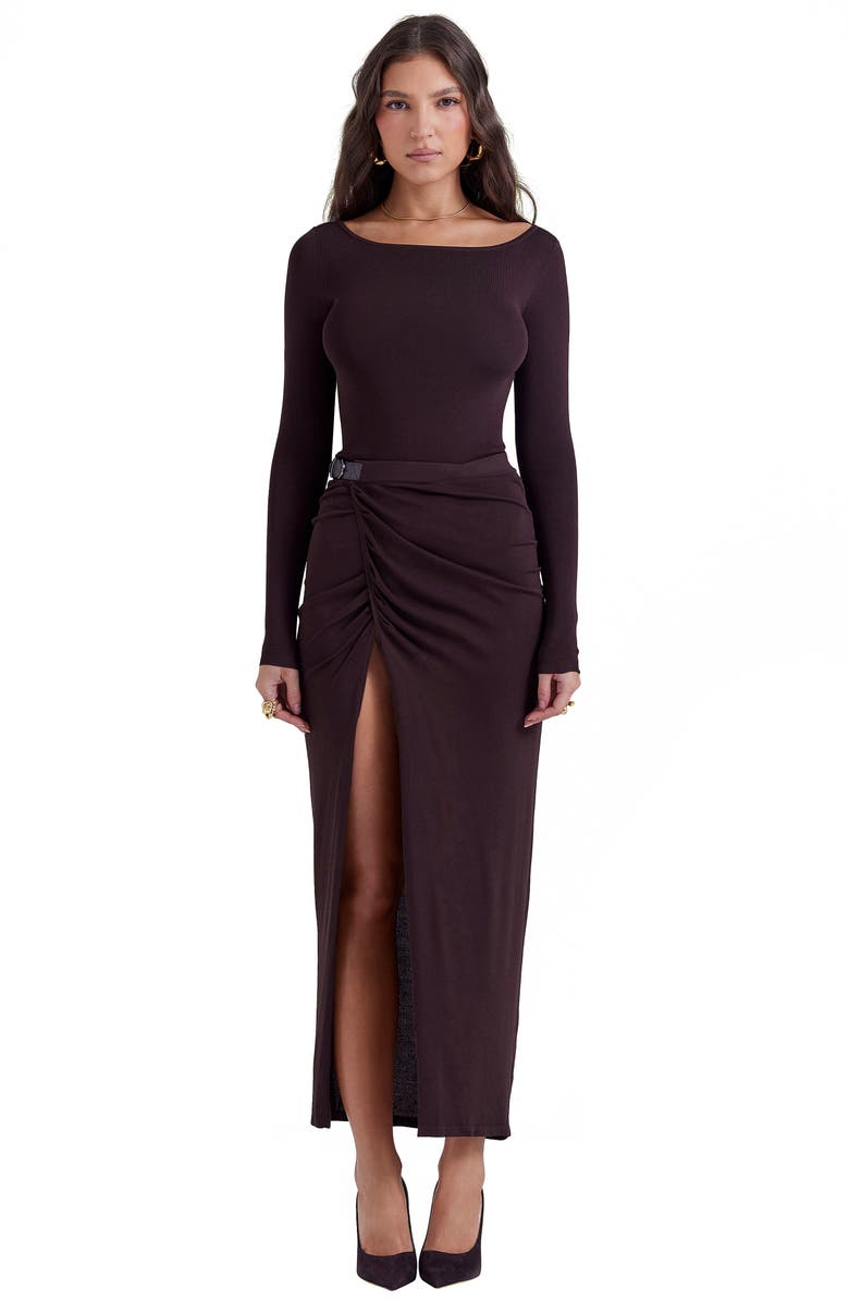 HOUSE OF CB Inoe Long Sleeve Rib Bodysuit, Alternate, color, Brown