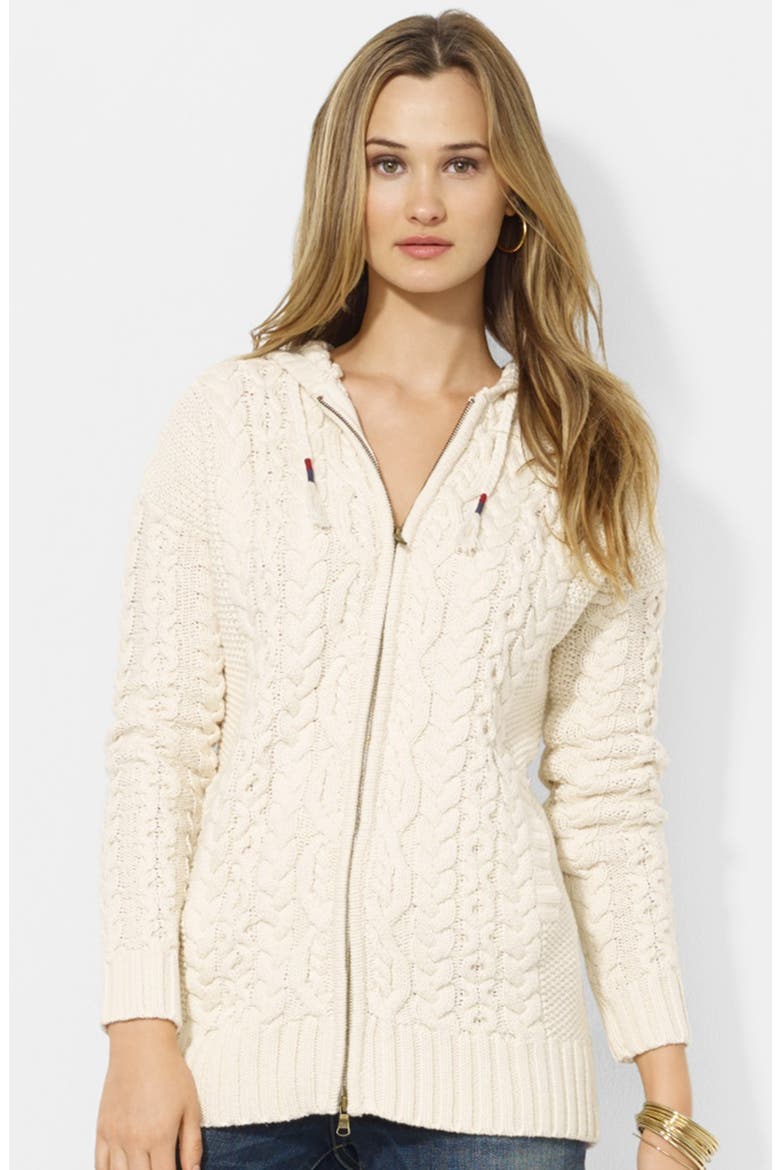 Hooded Cable Knit Cardigan, Main, color, JOURNEY CREAM