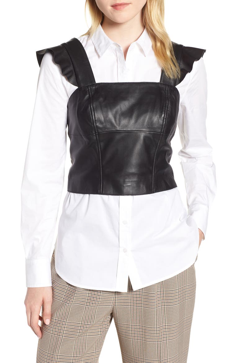 Flutter Sleeve Leather Bustier, Main, color, BLACK