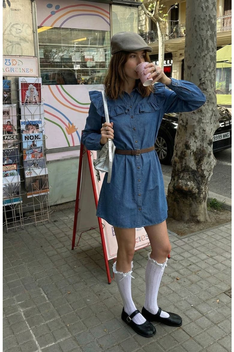 Denim Ruffle Collar Shirt Dress, Alternate, color, Indigo