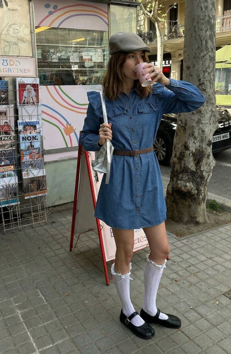 Modenaire Denim Ruffle Collar Shirt Dress, Alternate, color, Indigo