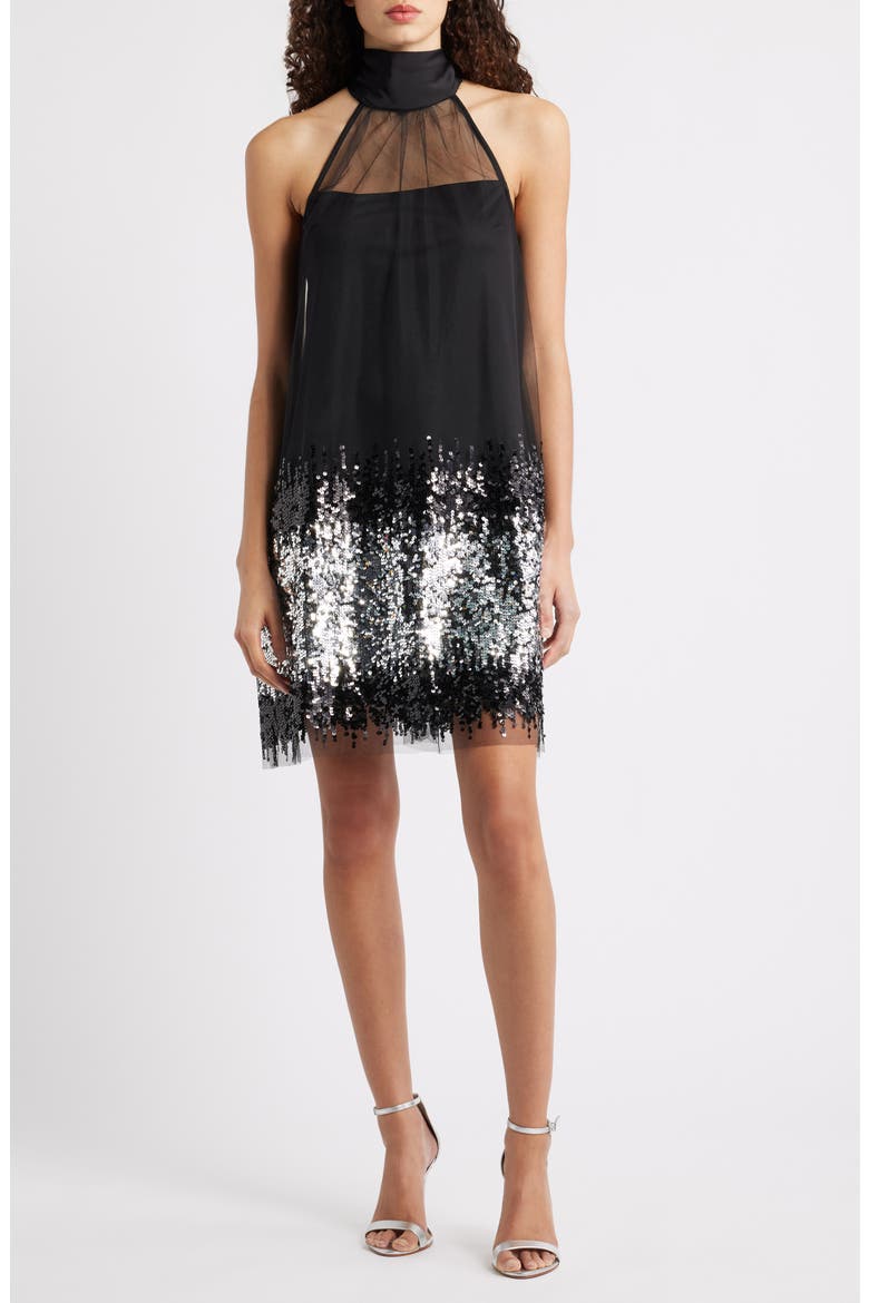 Ombré Sequin Mesh Sleeveless Dress, Main, color, BLACK/ SILVER