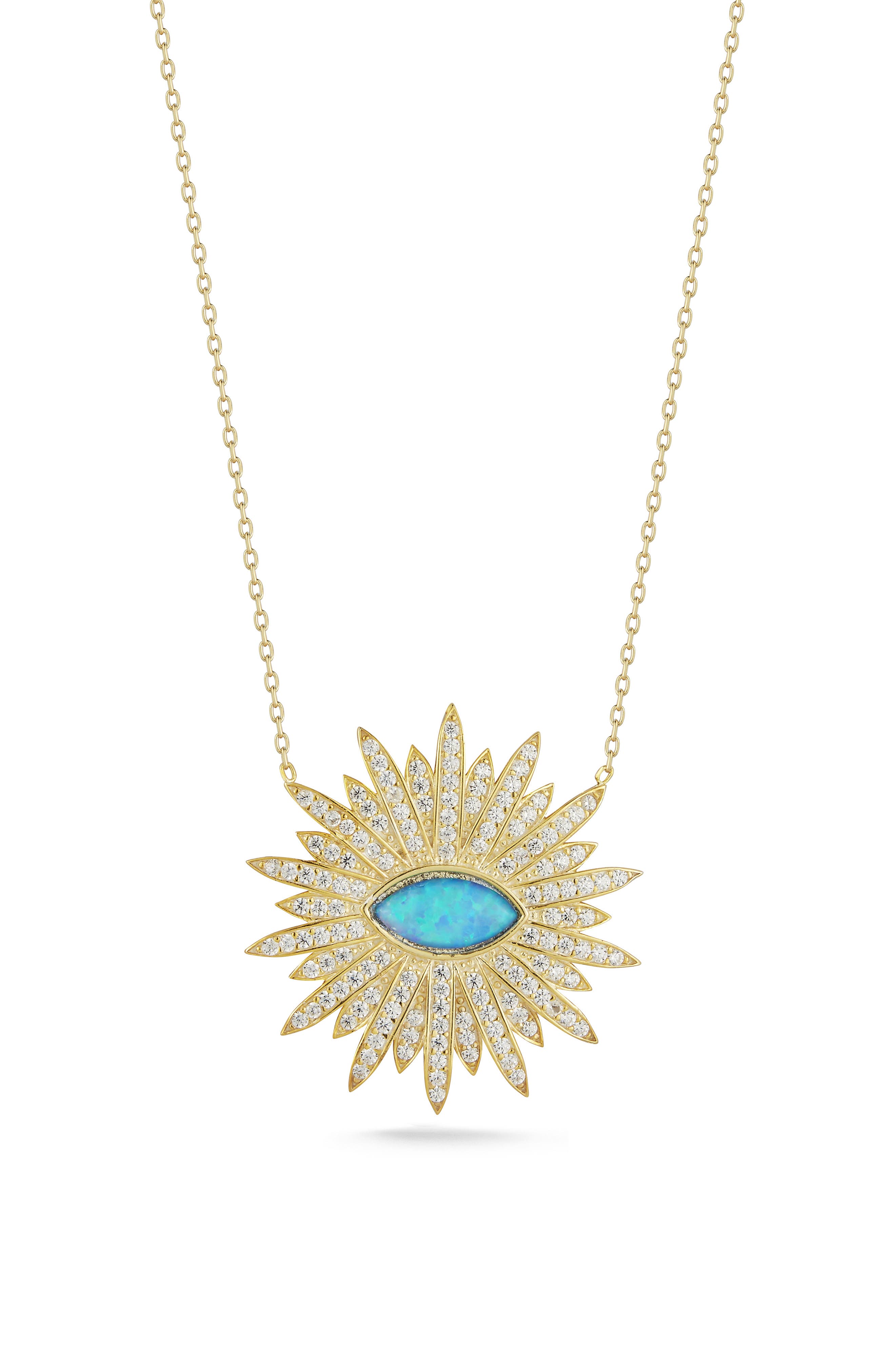 14K Gold Plate Sterling Silver CZ & Faux Opal Pendant Necklace