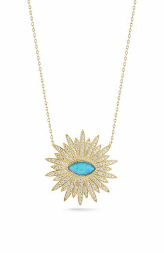 14K Gold Plate Sterling Silver CZ & Faux Opal Pendant Necklace
