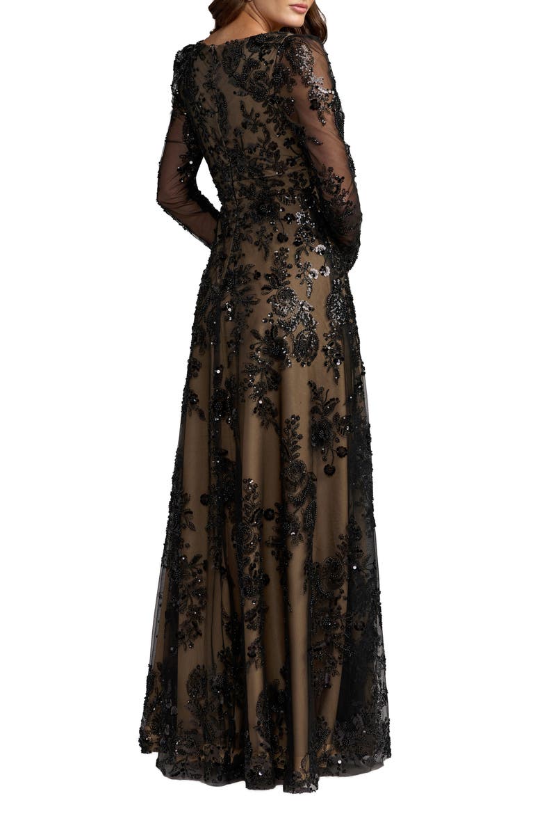 Floral Embroidered V-Neck Long Sleeve Gown, Alternate, color, Black Nude