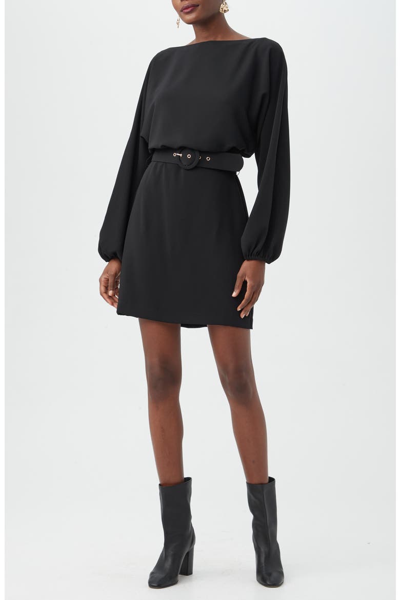 Avory Long Sleeve Belted Sheath Minidress, Main, color, BLACK