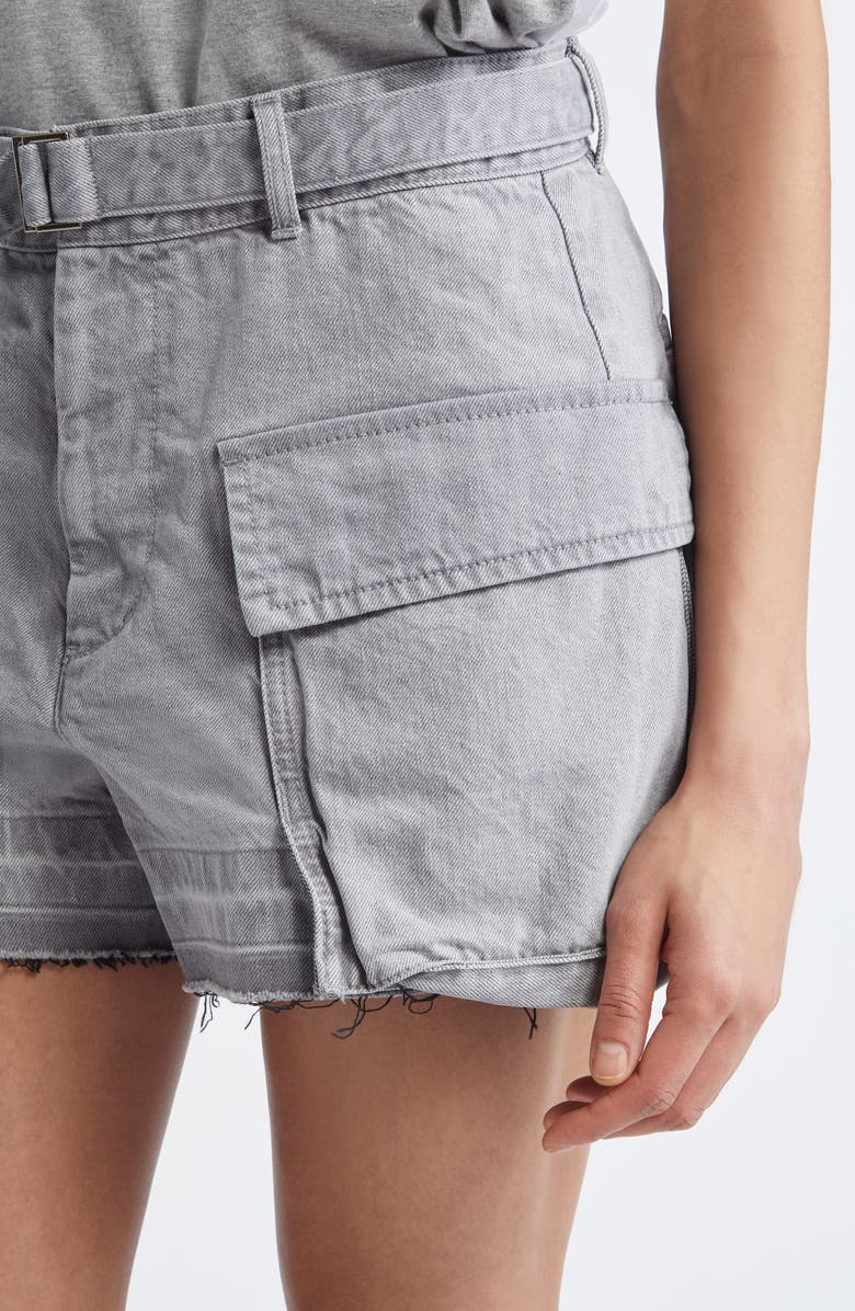 Sacai Belted Frayed Release Hem Cargo Denim Shorts, Alternate, color, Gray 301