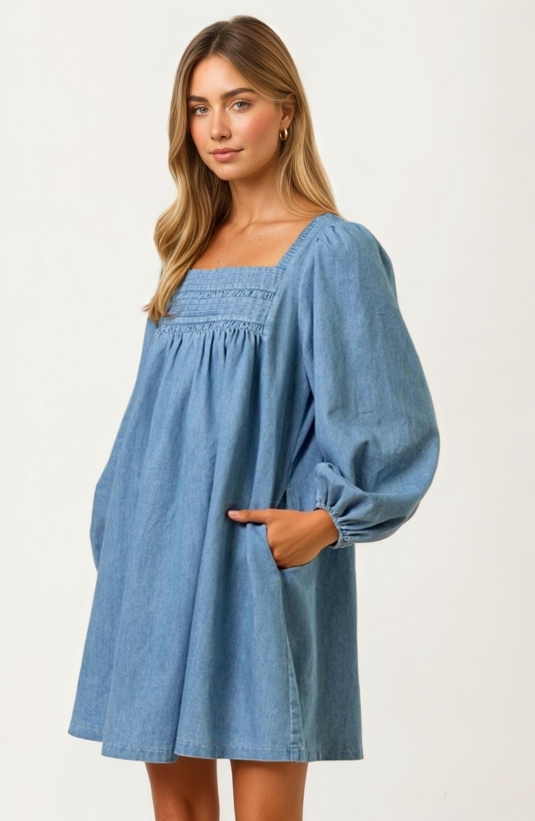 Knit and Lounge Square Neck Denim Mini Dress, Alternate, color, 