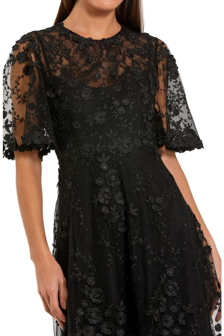 Flutter Sleeve Embroidered Cocktail Midi Dress, Alternate, color, Black