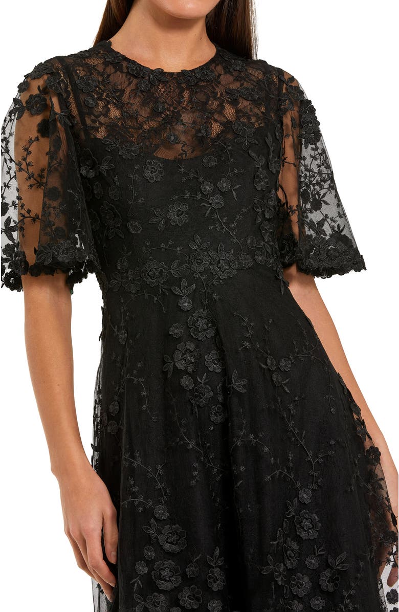 Mac Duggal Women's Floral Embroidered Mesh Midi Dress with Sleeves, Alternate, color, Black