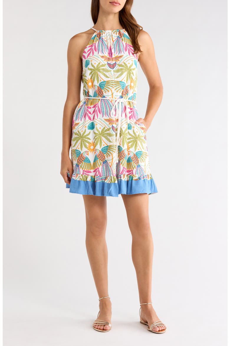 Malena Tie Waist Halter Minidress, Main, color, WHITE-MULTI