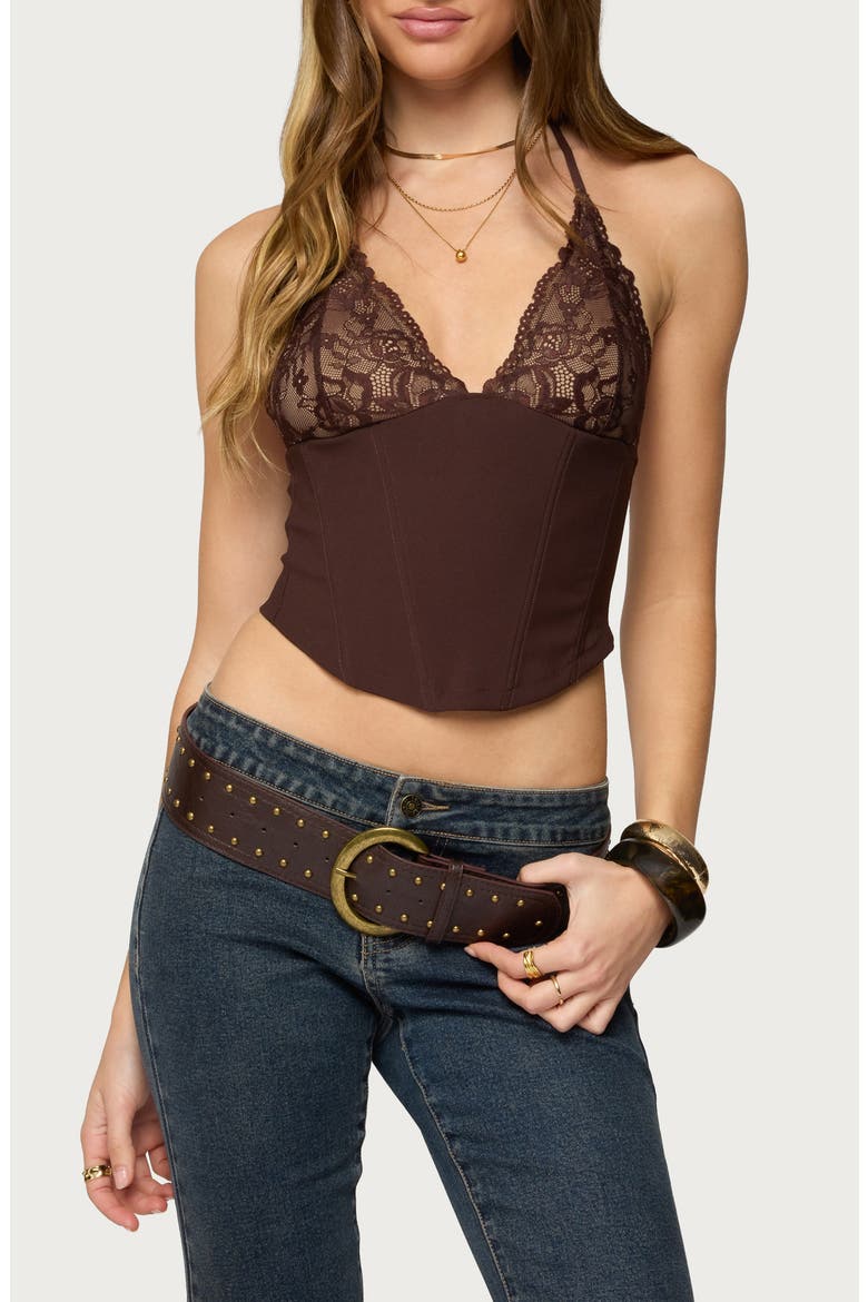 Ghita Lacy Crop Halter Corset Top, Main, color, BROWN