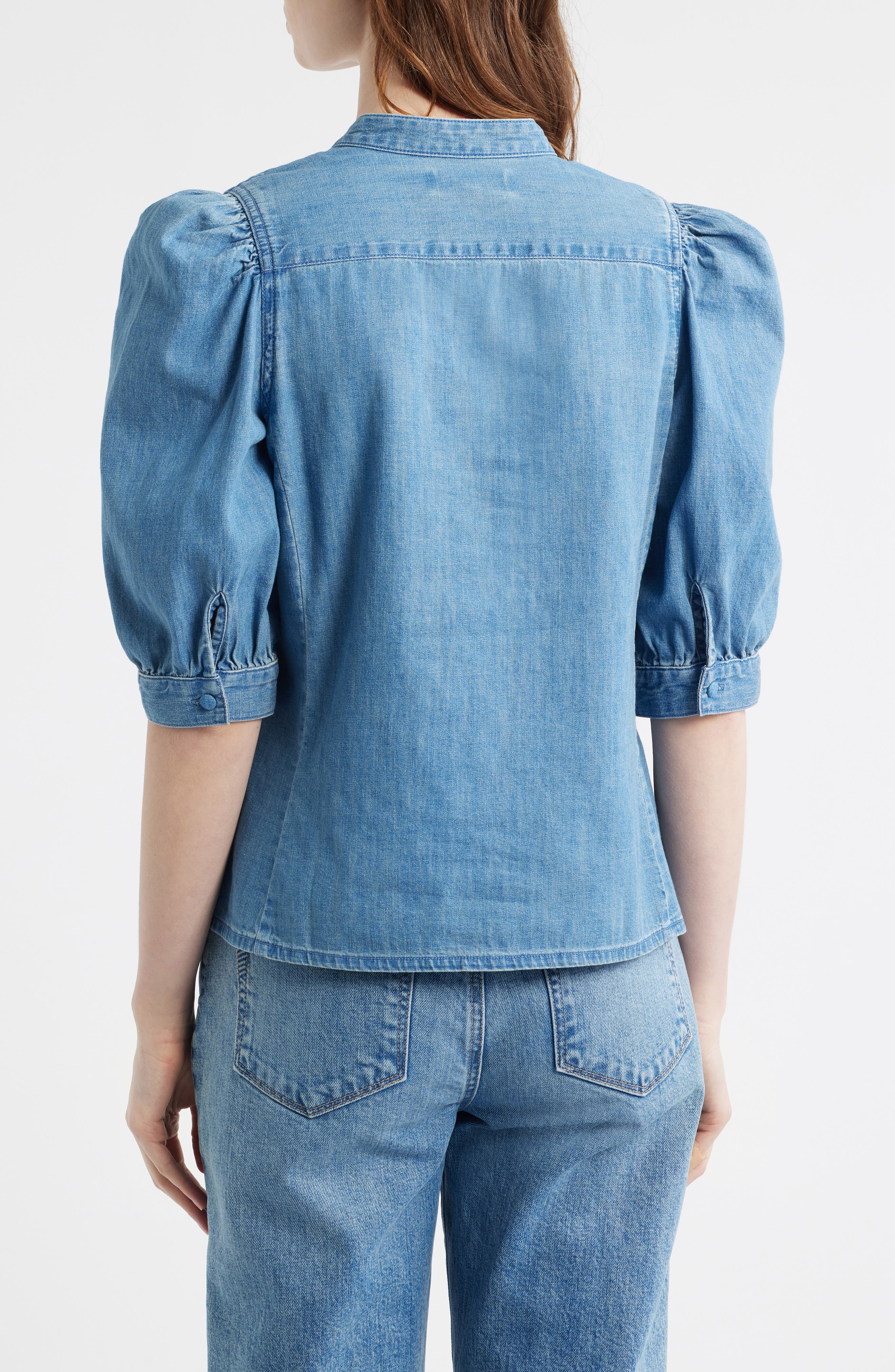 Band Collar Puff Sleeve Denim Button-Up Shirt - image 2