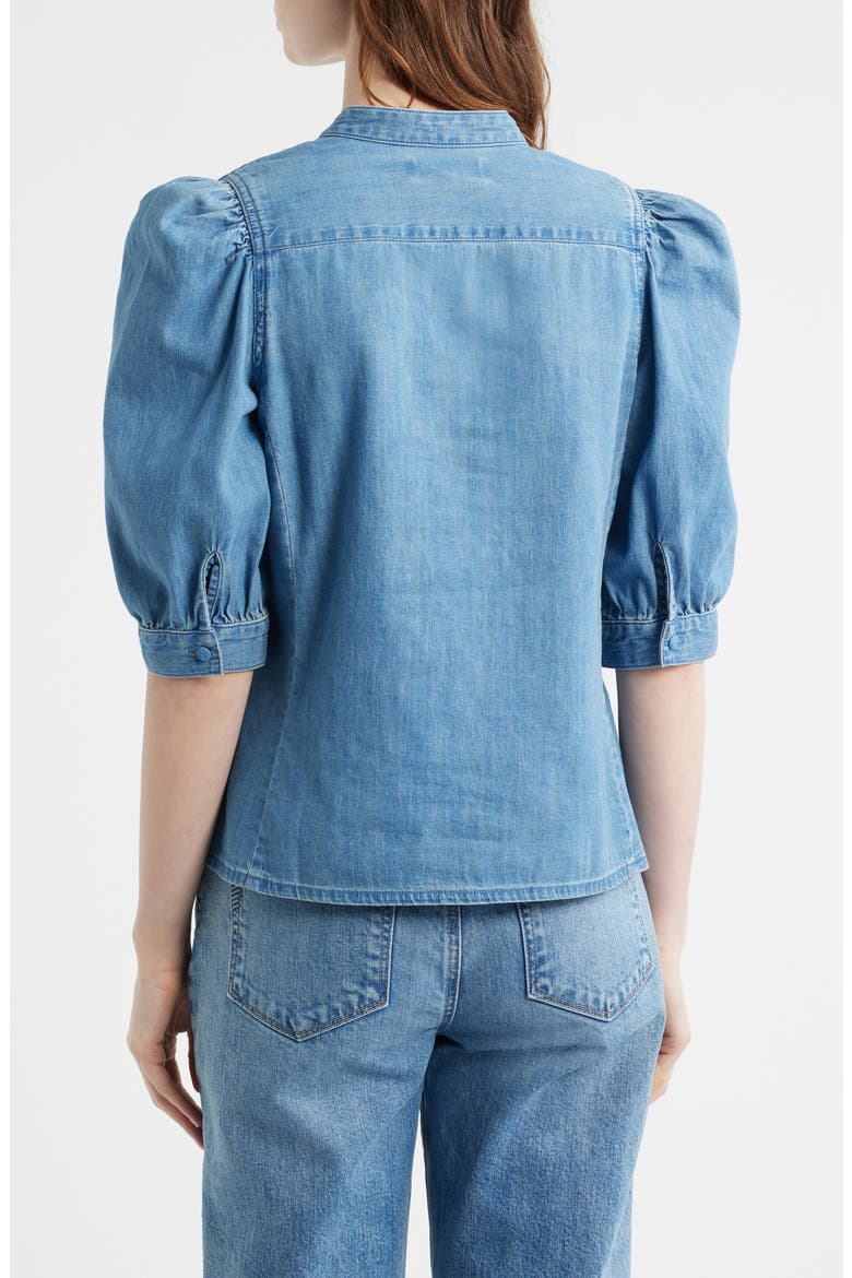 Band Collar Puff Sleeve Denim Button-Up Shirt, Alternate, color, COASTAL BLUE WASH