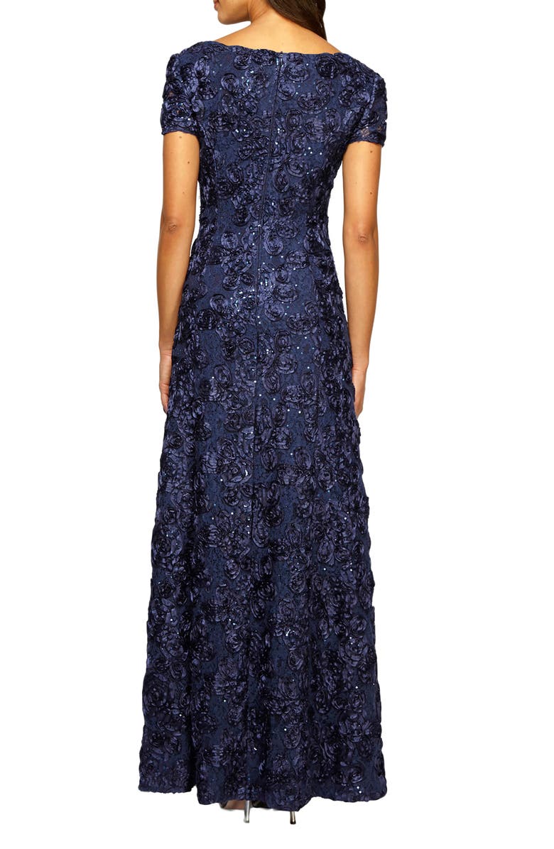 Alex Evenings Embellished Lace A-Line Evening Gown, Alternate, color, Navy