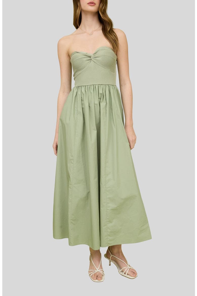 Mixed Media Strapless Midi Dress, Main, color, LIGHT OLIVE