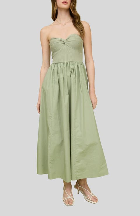 Mixed Media Strapless Midi Dress