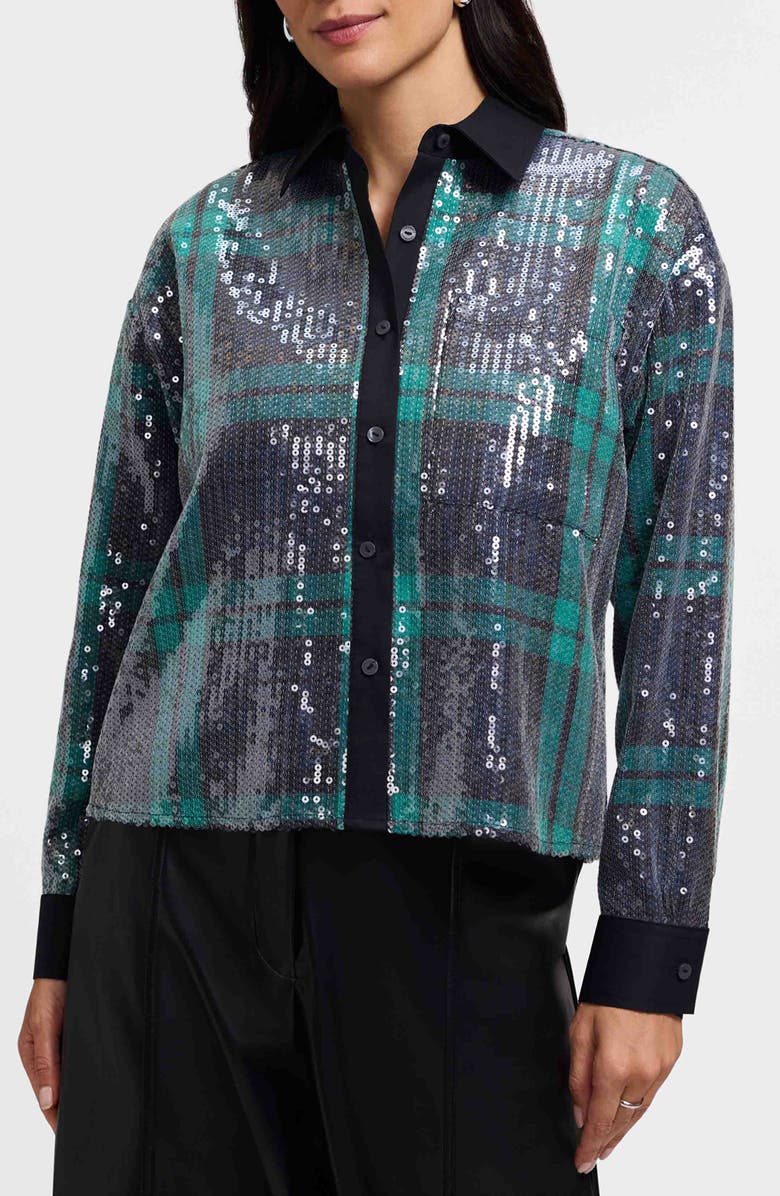 Foxcroft Marina Sequin Button-Up Shirt, Main, color, Navy Blue/ Multi