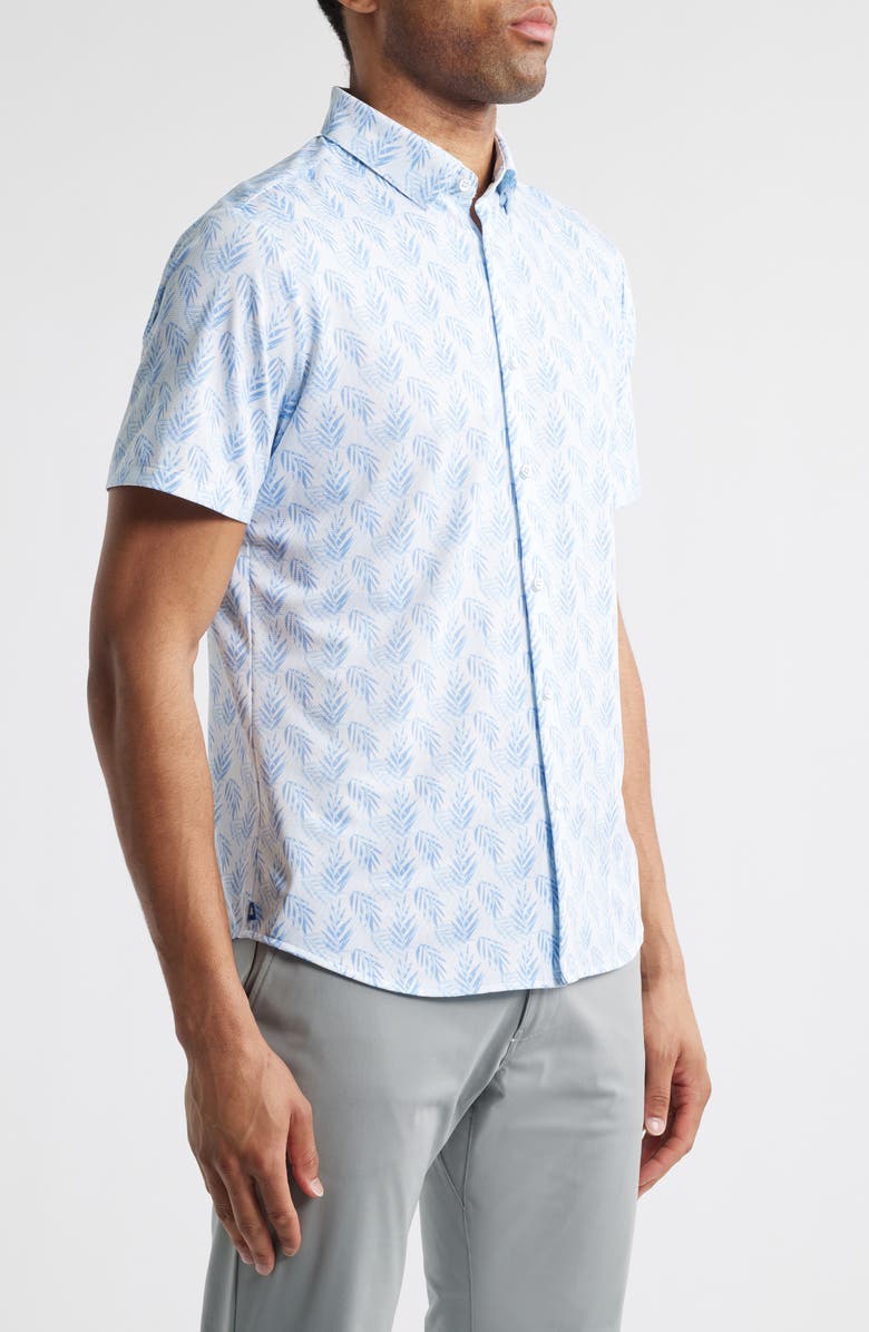 Mizzen+Main Halyard Trim Fit Leaf Print Short Sleeve Button-Up Shirt, Alternate, color, Light Blue Palm