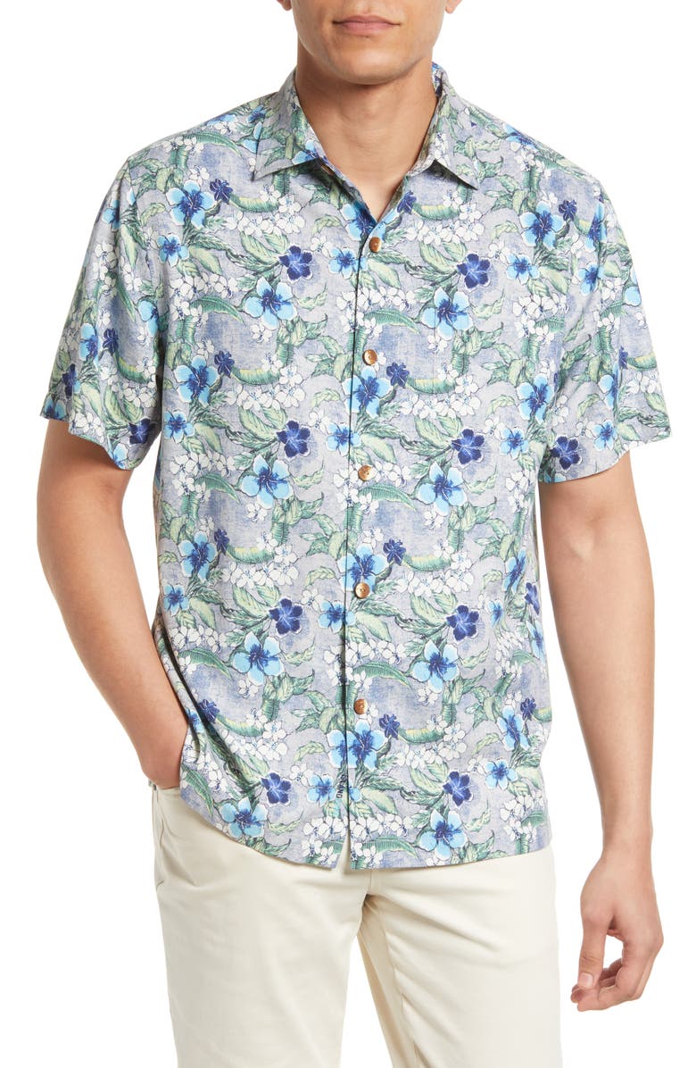 Tommy Bahama Botanical Bay Silk Blend Short Sleeve Button-Up Shirt, Main, color, 