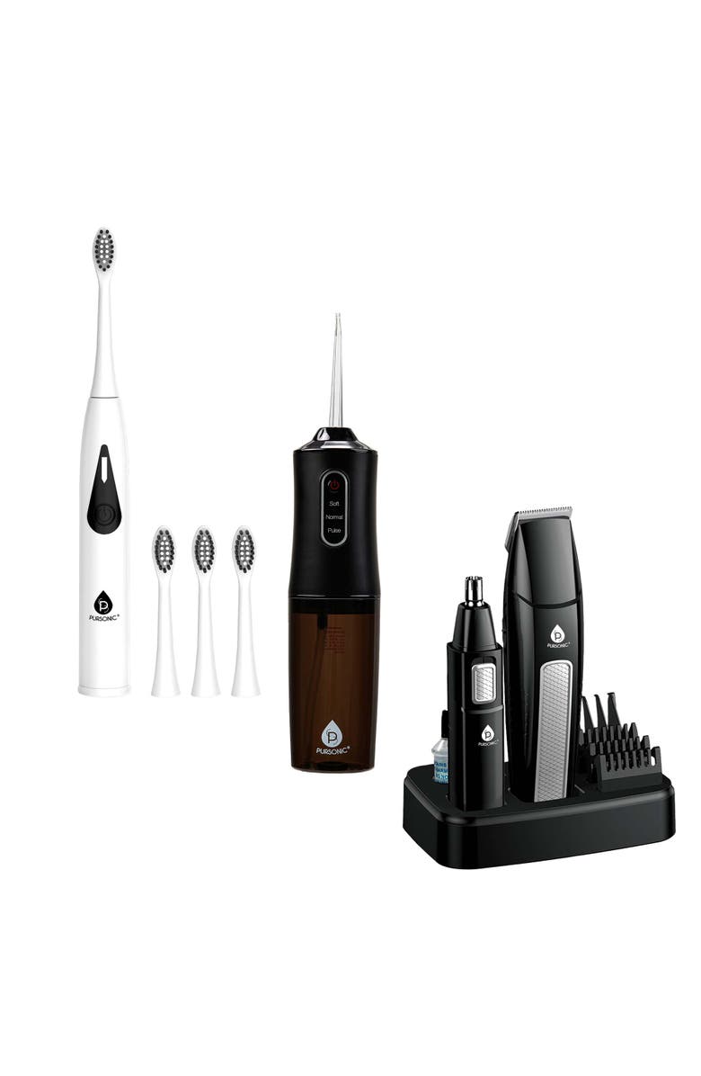 PURSONIC Mario Lopez Ultimate Grooming & Oral Care Bundle Men's Grooming Kit, Triple-Head Electric Tooth Wizard, and USB Water Flosser, Main, color, Black