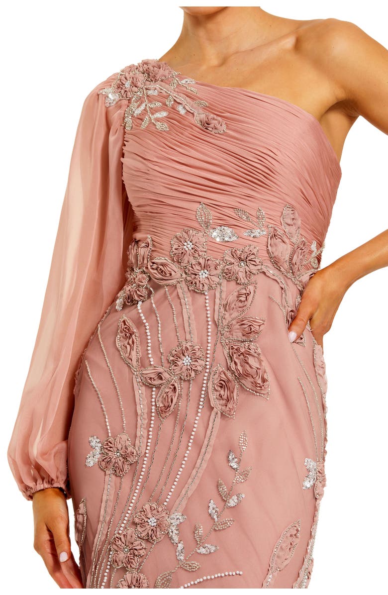 Mac Duggal Chiffon One Sleeve Gown With Embroidered Skirt, Alternate, color, Mocha