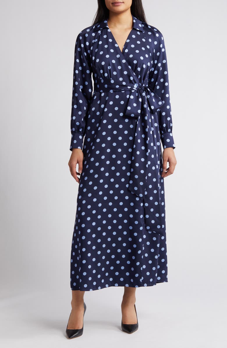Anne Klein Polka Dot Long Sleeve Faux Wrap Dress, Main, color,