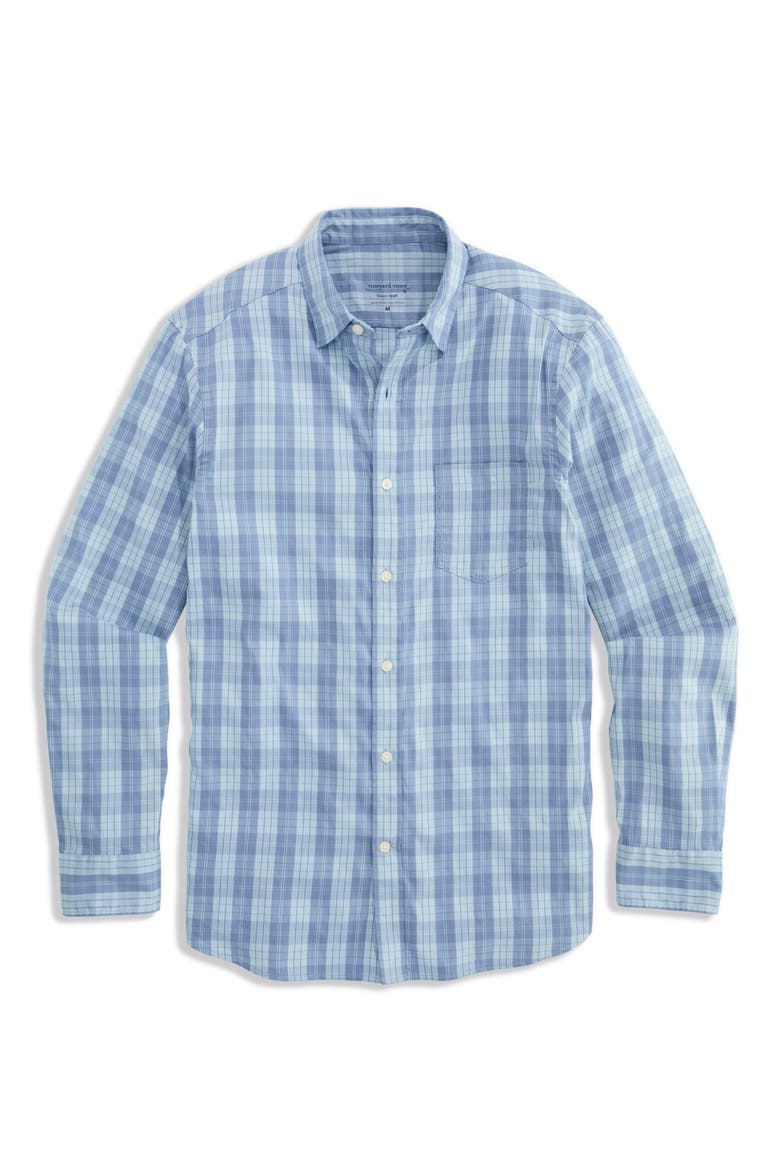Carysfort Plaid Performance Button-Up Shirt, Main, color, DEL MAR BLUE
