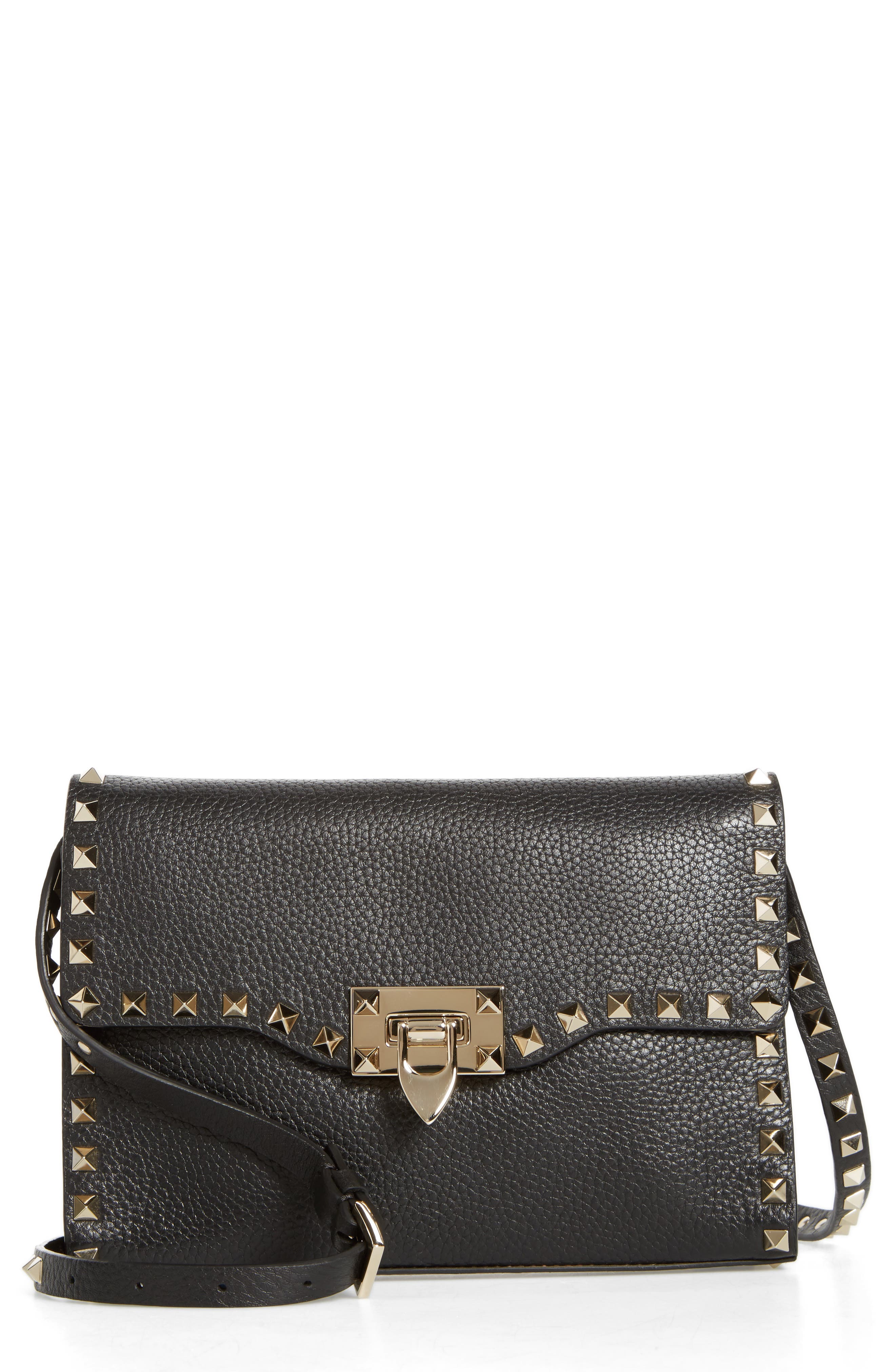 Medium Rockstud Leather Crossbody Bag, Main, color, BLACK