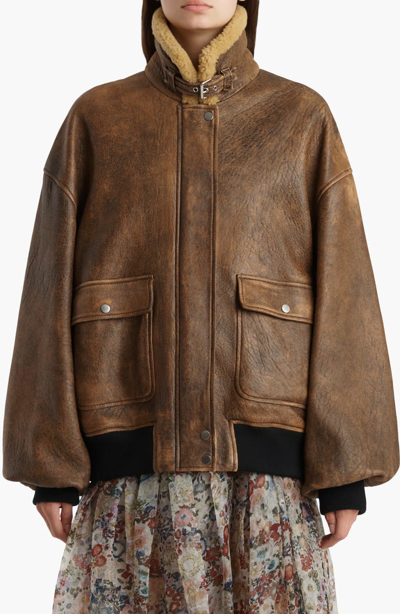 Khaite Sandor Distressed Leather Bomber Jacket, Main, color, Dark Brown