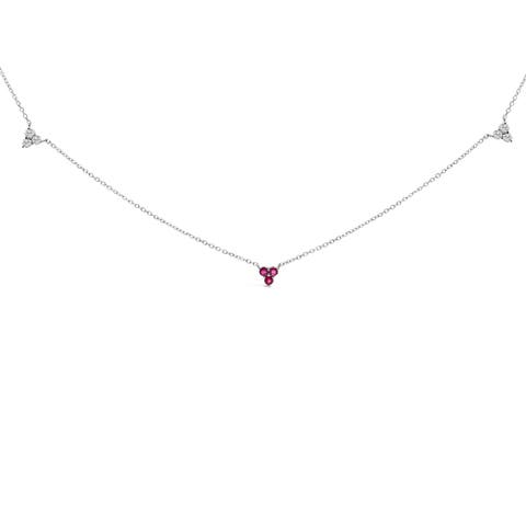 14K White Gold 1/5 Cttw Diamond and Ruby Tri Station Necklace