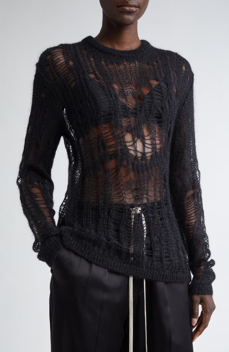 Rick Owens Maglia Biker Distressed Mohair & Wool Blend Sweater, Alternate, color, 
