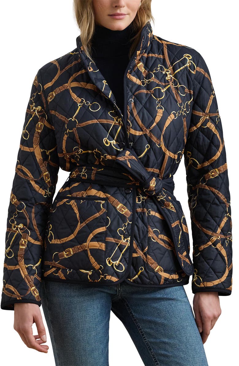 Lauren Ralph Lauren Print Belted Quilted Jacket, Main, color, Black