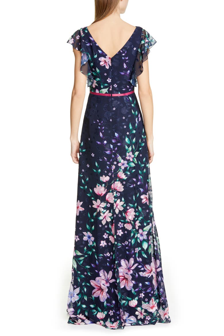 Floral Jacquard Chiffon Gown, Alternate, color, NAVY