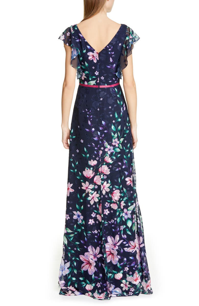 Marchesa Notte Floral Jacquard Chiffon Gown, Alternate, color,
