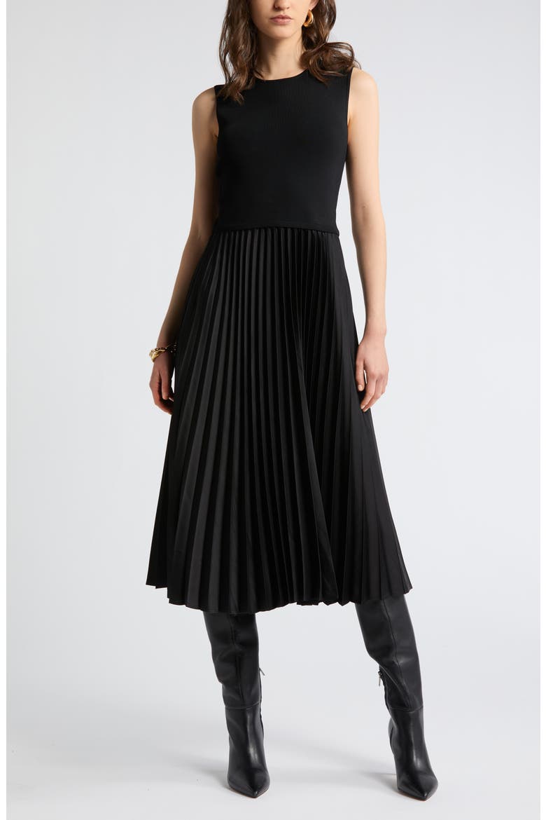 Pleated Mixed Media Midi Dress, Main, color, BLACK
