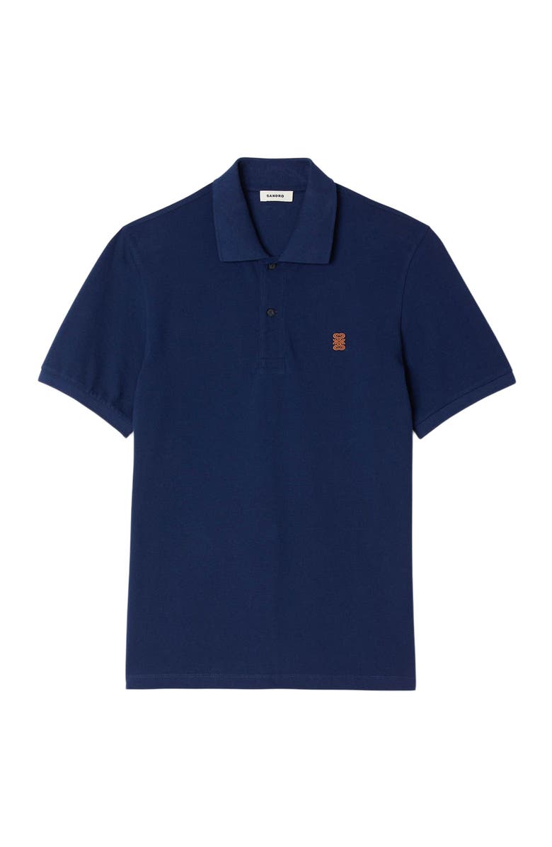 SANDRO Polo shirt with leather logo, Alternate, color, Navy Blue