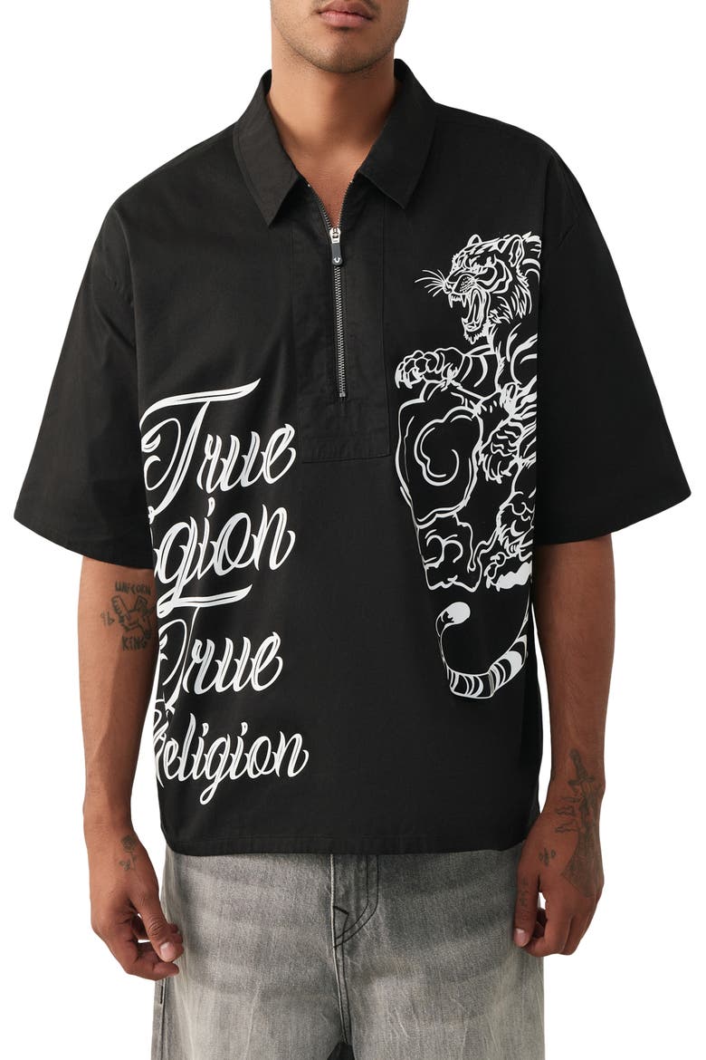 Tiger Half Zip Shirt, Main, color, JET BLACK