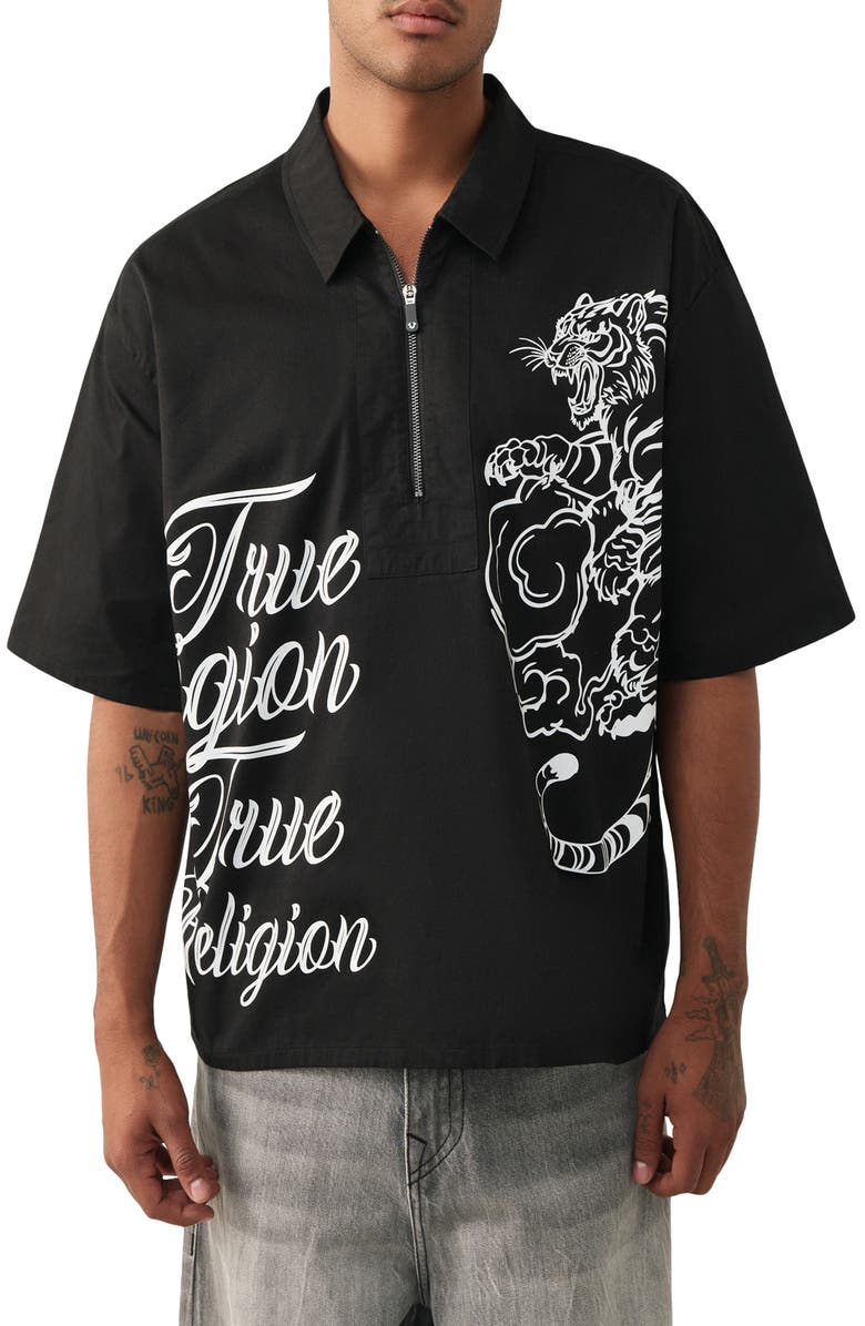 True Religion Tiger Half Zip Shirt, Main, color, Jet Black