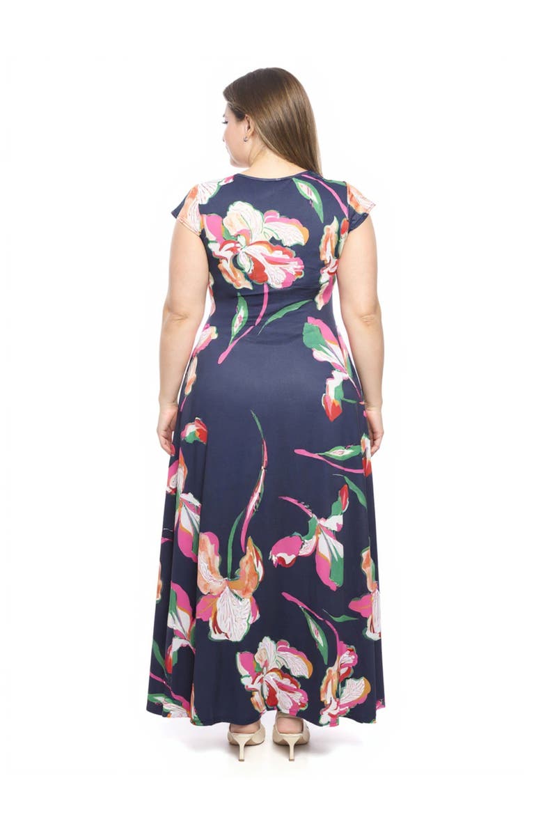 24seven Comfort Apparel Plus Size Floral V-Neck Cap Sleeve Ruched Front Maxi Length Dress, Alternate, color, Navy Multi