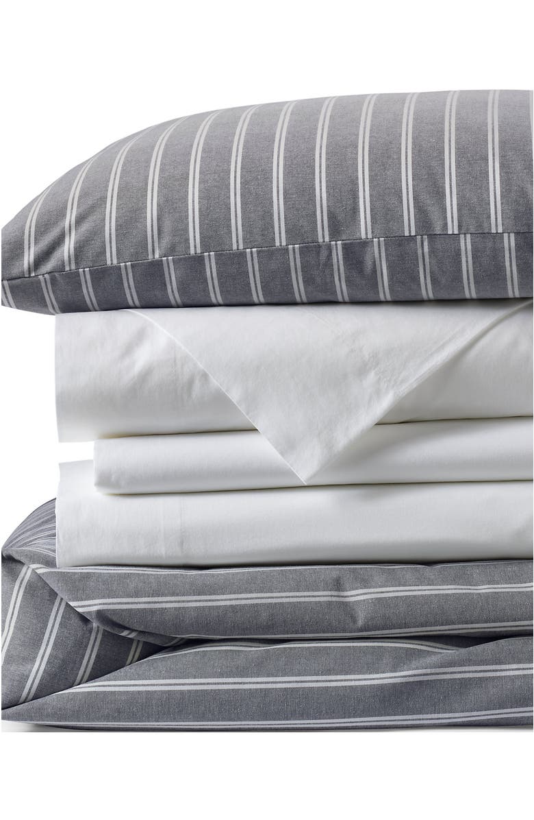 Lands' End Oxford Yarn Dyed Cotton Reversible Duvet Cover, Main, color, Black Slate/Graphite Stripe