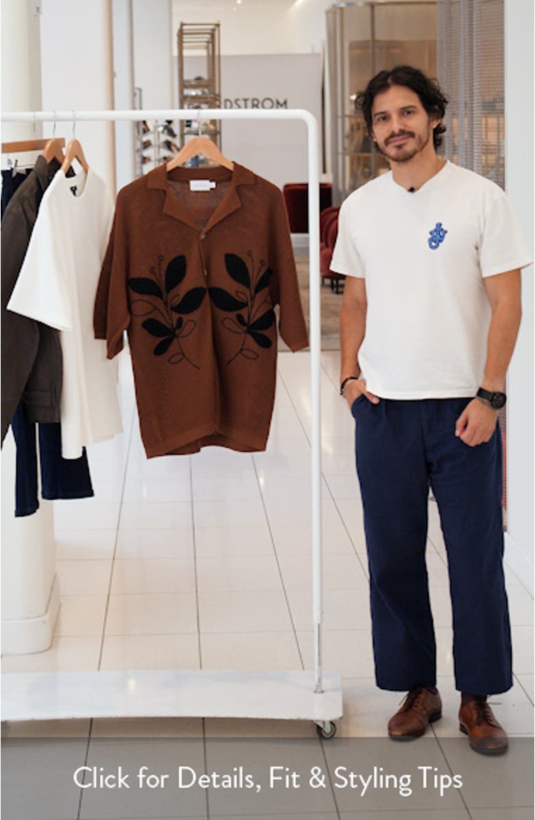 Oversize Floral Appliqué Knit Camp Shirt, sales video thumbnail